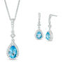 Thumbnail Image 1 of Pear-Shaped Swiss Blue Topaz and Lab-Created White Sapphire Frame Pendant and Drop Earrings Set in Sterling Silver
