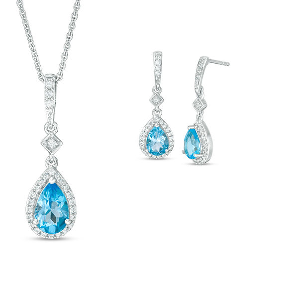 Pear-Shaped Swiss Blue Topaz and Lab-Created White Sapphire Frame Pendant and Drop Earrings Set in Sterling Silver