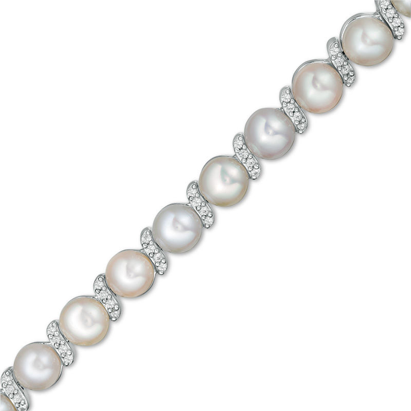 Main Image 1 of 5.0mm Button Freshwater Cultured Pearl and Lab-Created White Sapphire "S" Bracelet in Sterling Silver-7.25"