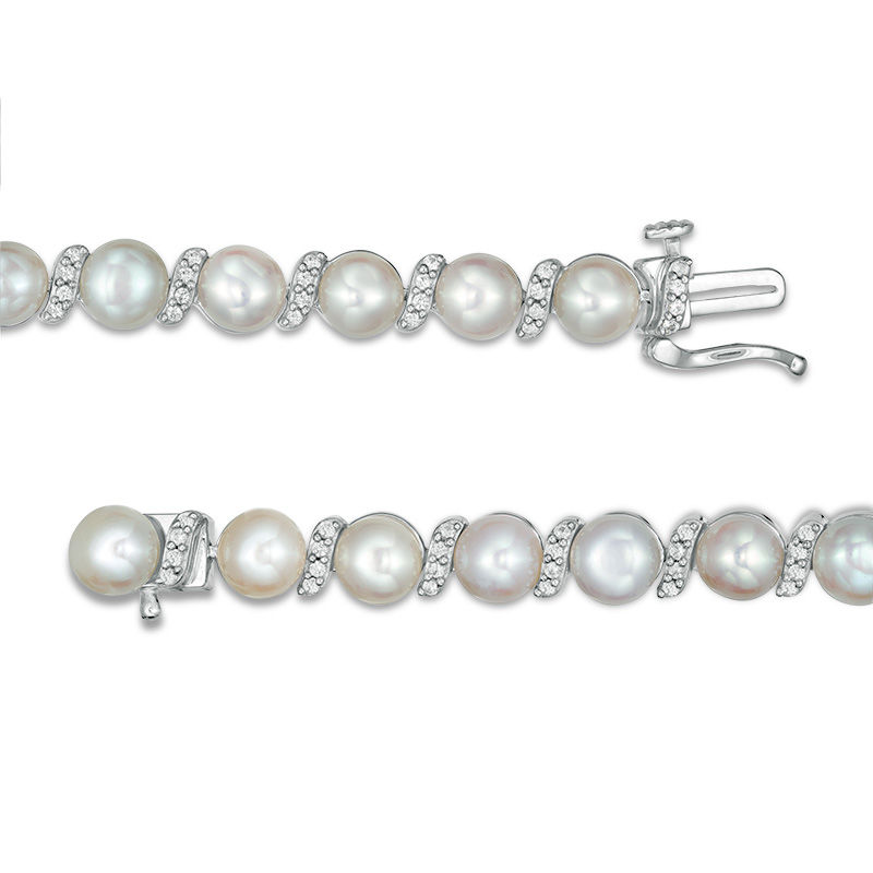 Main Image 3 of 5.0mm Button Freshwater Cultured Pearl and Lab-Created White Sapphire "S" Bracelet in Sterling Silver-7.25"