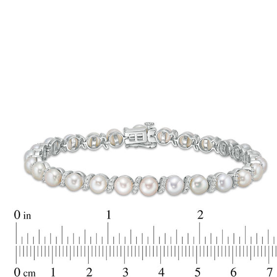 5.0mm Button Freshwater Cultured Pearl and Lab-Created White Sapphire "S" Bracelet in Sterling Silver-7.25"
