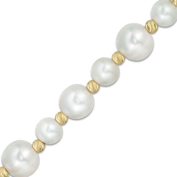 6.0-8.0mm Freshwater Cultured Pearl and Diamond-Cut Bead Bracelet in Sterling Silver with 14K Gold Plate-7.5"