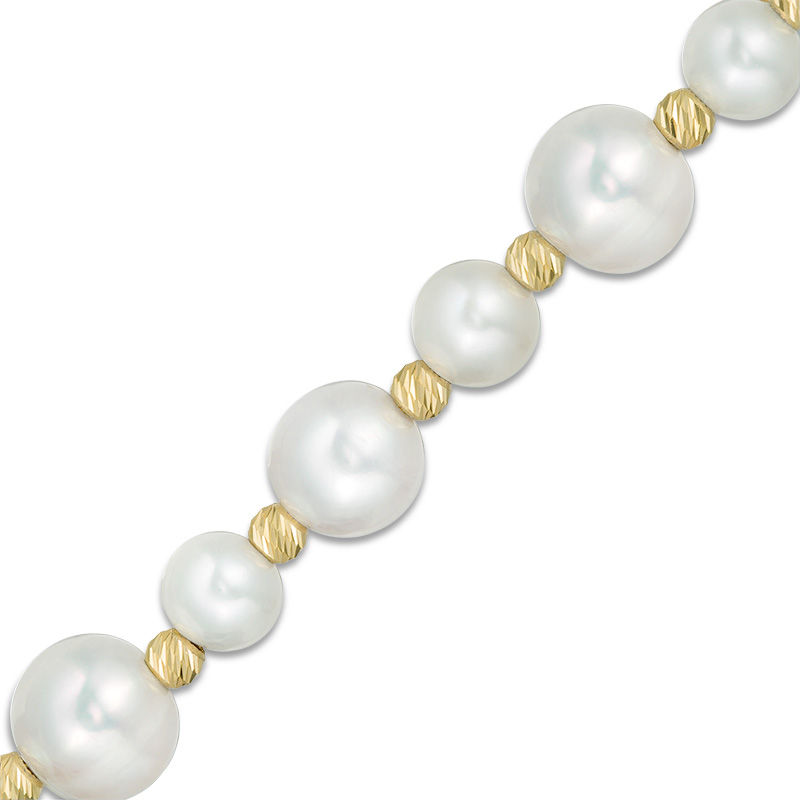 Main Image 1 of 6.0-8.0mm Freshwater Cultured Pearl and Diamond-Cut Bead Bracelet in Sterling Silver with 14K Gold Plate-7.5"