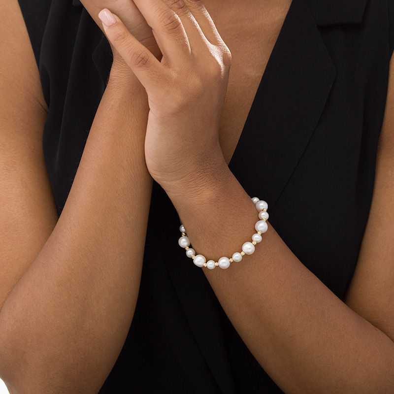 Main Image 2 of 6.0-8.0mm Freshwater Cultured Pearl and Diamond-Cut Bead Bracelet in Sterling Silver with 14K Gold Plate-7.5"