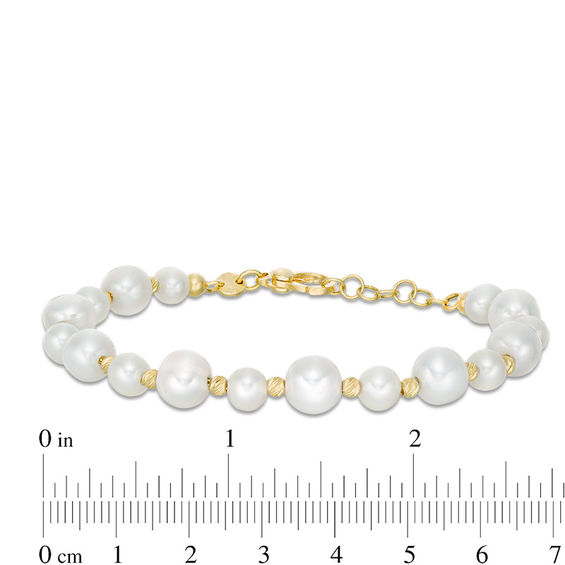 6.0-8.0mm Freshwater Cultured Pearl and Diamond-Cut Bead Bracelet in Sterling Silver with 14K Gold Plate-7.5"