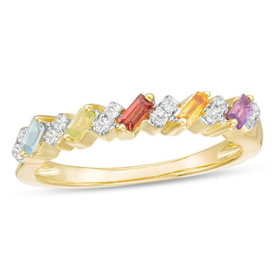 Baguette Multi-Gemstone and White Topaz Slant Five Stone Stackable Ring in 10K Gold