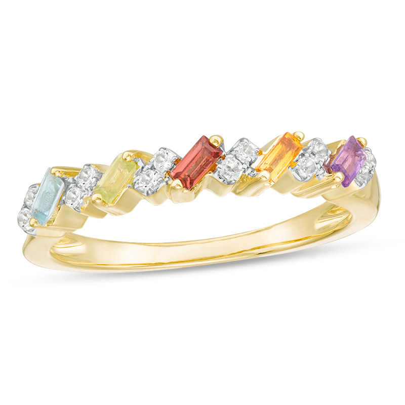Main Image 1 of Baguette Multi-Gemstone and White Topaz Slant Five Stone Stackable Ring in 10K Gold