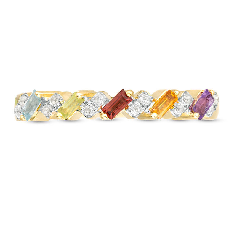 Main Image 4 of Baguette Multi-Gemstone and White Topaz Slant Five Stone Stackable Ring in 10K Gold
