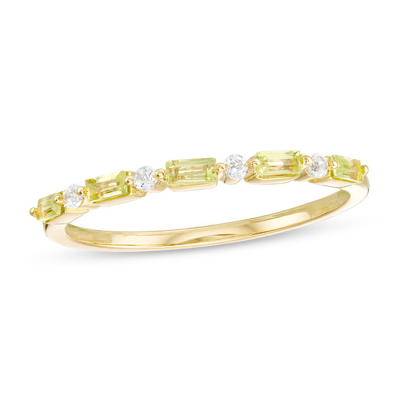 Baguette Peridot and White Topaz Alternating Five Stone Stackable Ring in 10K Gold