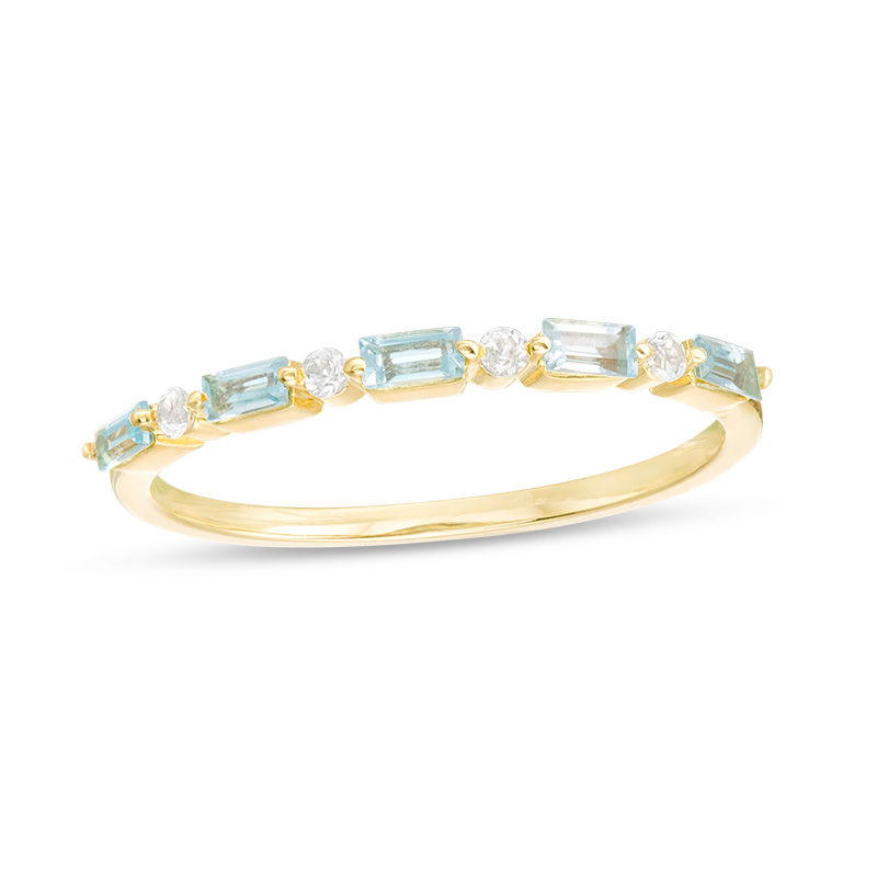Baguette Swiss Blue and White Topaz Alternating Five Stone Stackable Ring in 10K Gold