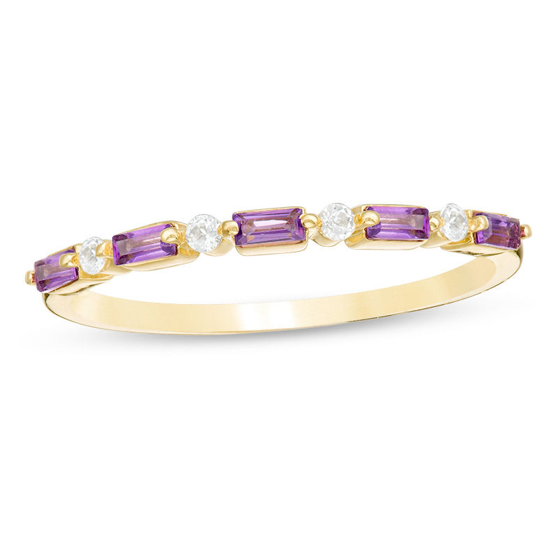 Main Image 1 of Baguette Amethyst and White Topaz Alternating Five Stone Stackable Ring in 10K Gold