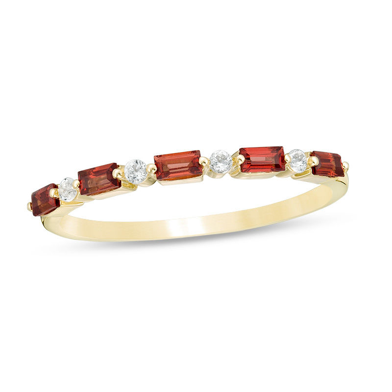 Baguette Garnet and White Topaz Alternating Five Stone Stackable Ring in 10K Gold