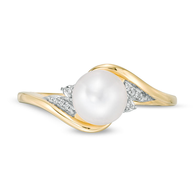 Main Image 4 of 7.0mm Freshwater Cultured Pearl and Diamond Accent Bypass Ring in 10K Gold