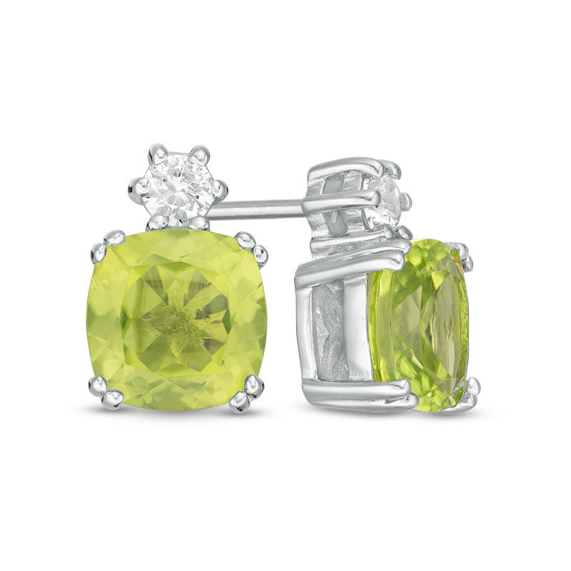 Main Image 1 of 7.0mm Cushion-Cut Peridot and Lab-Created White Sapphire Stud Earrings in Sterling Silver