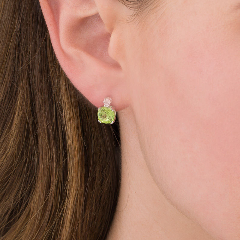 Main Image 2 of 7.0mm Cushion-Cut Peridot and Lab-Created White Sapphire Stud Earrings in Sterling Silver