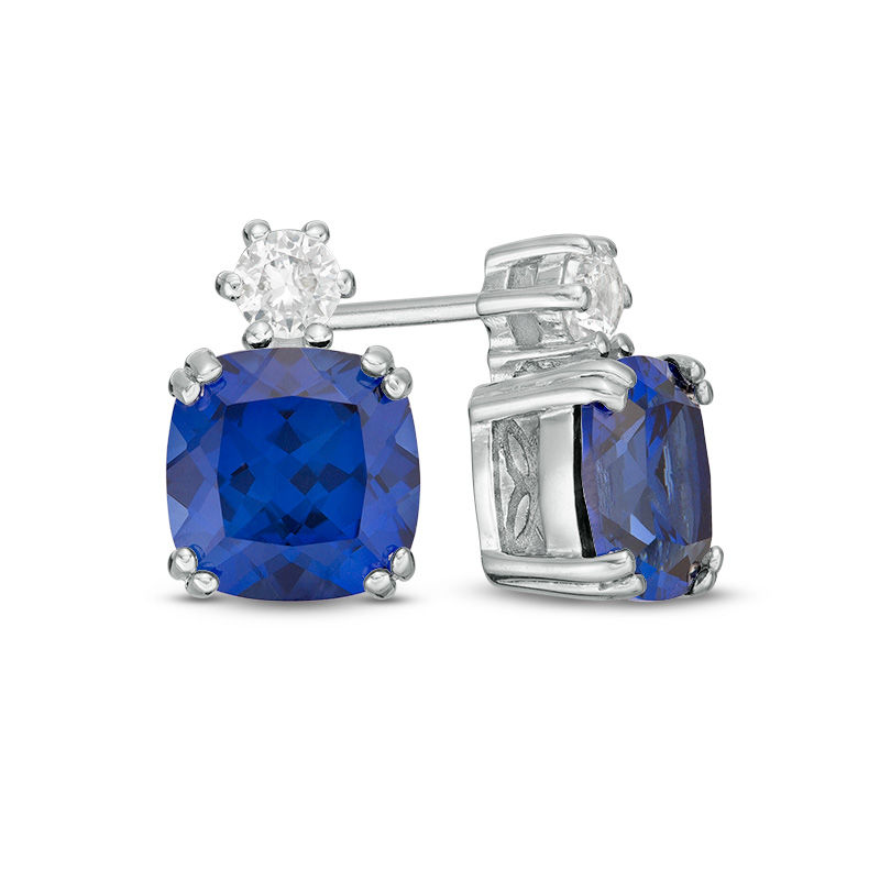 Main Image 1 of 7.0mm Cushion-Cut Lab-Created Blue and White Sapphire Stud Earrings in Sterling Silver