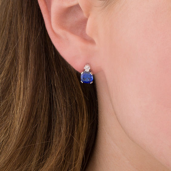 7.0mm Cushion-Cut Lab-Created Blue and White Sapphire Stud Earrings in Sterling Silver