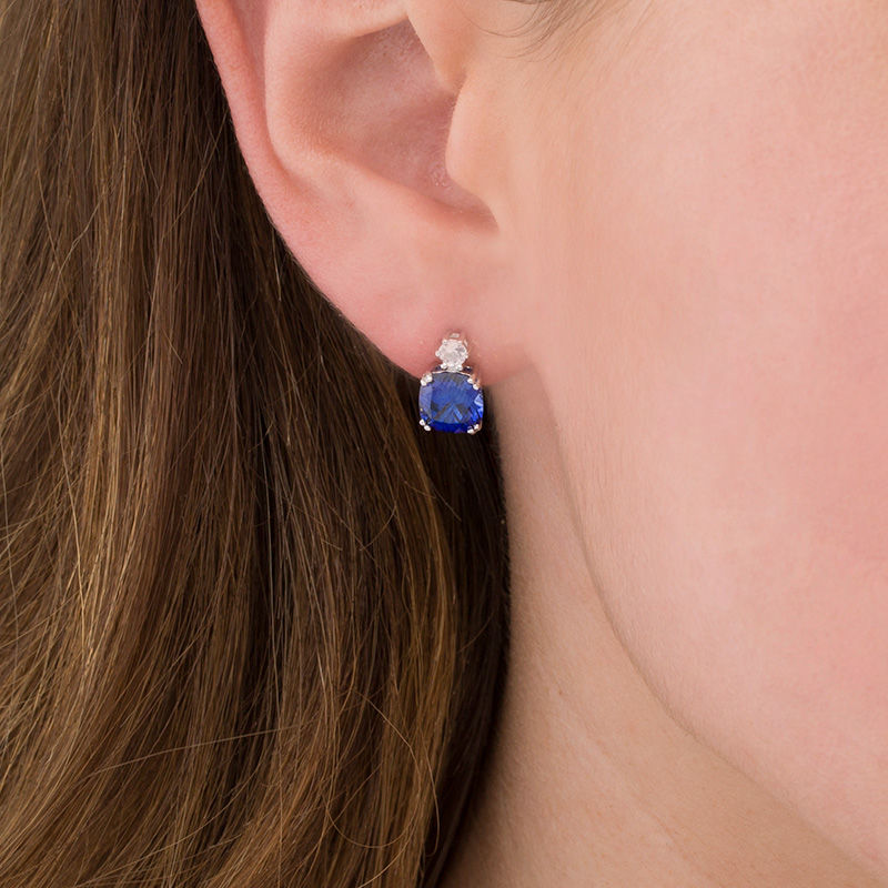 Main Image 2 of 7.0mm Cushion-Cut Lab-Created Blue and White Sapphire Stud Earrings in Sterling Silver