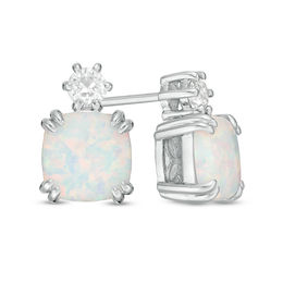 7.0mm Cushion-Cut Lab-Created Opal and White Sapphire Stud Earrings in Sterling Silver