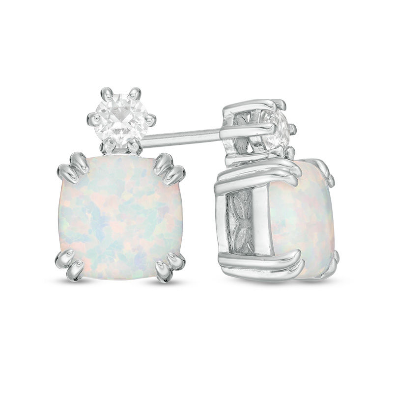 Main Image 1 of 7.0mm Cushion-Cut Lab-Created Opal and White Sapphire Stud Earrings in Sterling Silver