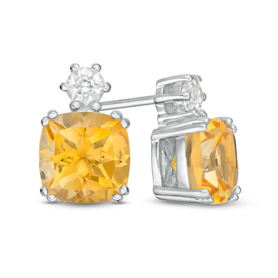 7.0mm Cushion-Cut Citrine and Lab-Created White Sapphire Stud Earrings in Sterling Silver