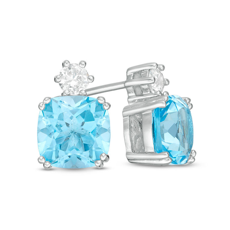 Main Image 1 of 7.0mm Cushion-Cut Swiss Blue Topaz and Lab-Created White Sapphire Stud Earrings in Sterling Silver