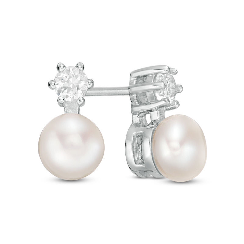 6.5-7.0mm Button Cultured Freshwater Pearl and Lab-Created White Sapphire Stud Earrings in Sterling Silver