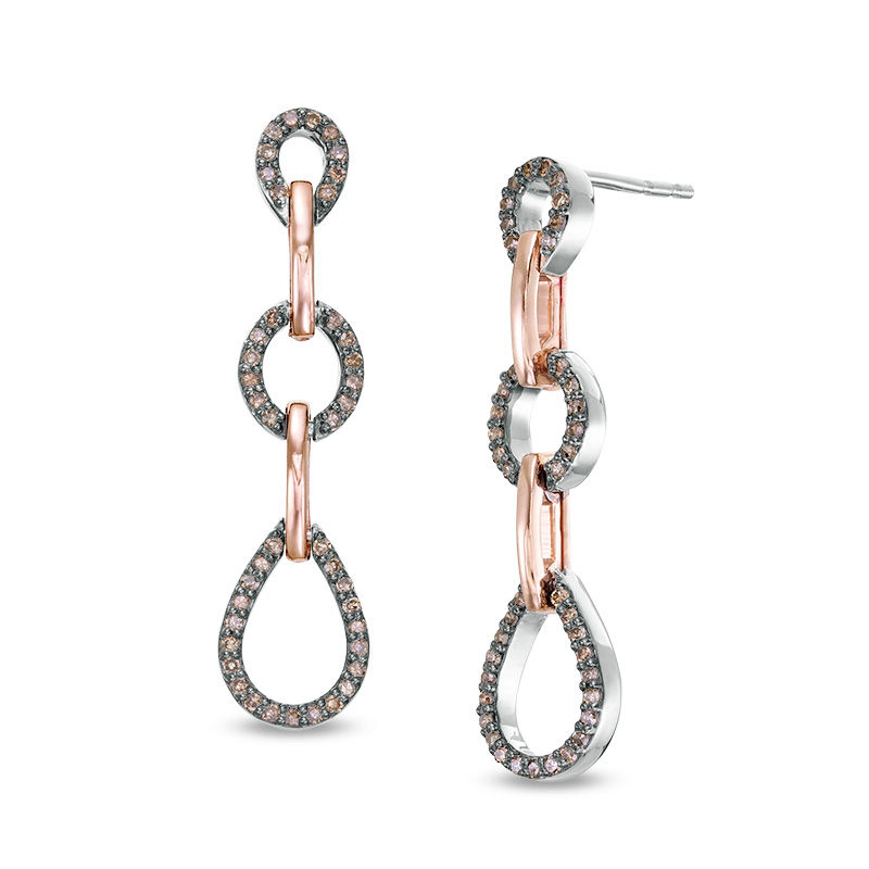 1/3 CT. T.W. Enhanced Champagne Diamond Triple Drop Earrings in Sterling Silver and 10K Rose Gold