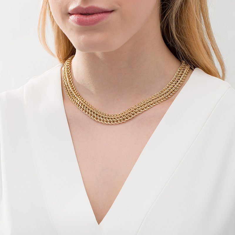 Main Image 2 of Ladies' 14.0mm Triple Row Wire Curb Chain Necklace in 10K Gold - 18"