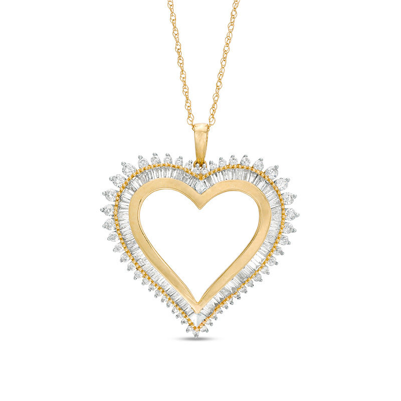 Main Image 1 of 1 CT. T.W. Baguette and Round Diamond Starburst Heart Pendant in 10K Gold