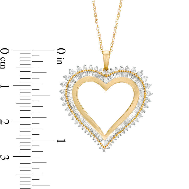 Main Image 3 of 1 CT. T.W. Baguette and Round Diamond Starburst Heart Pendant in 10K Gold