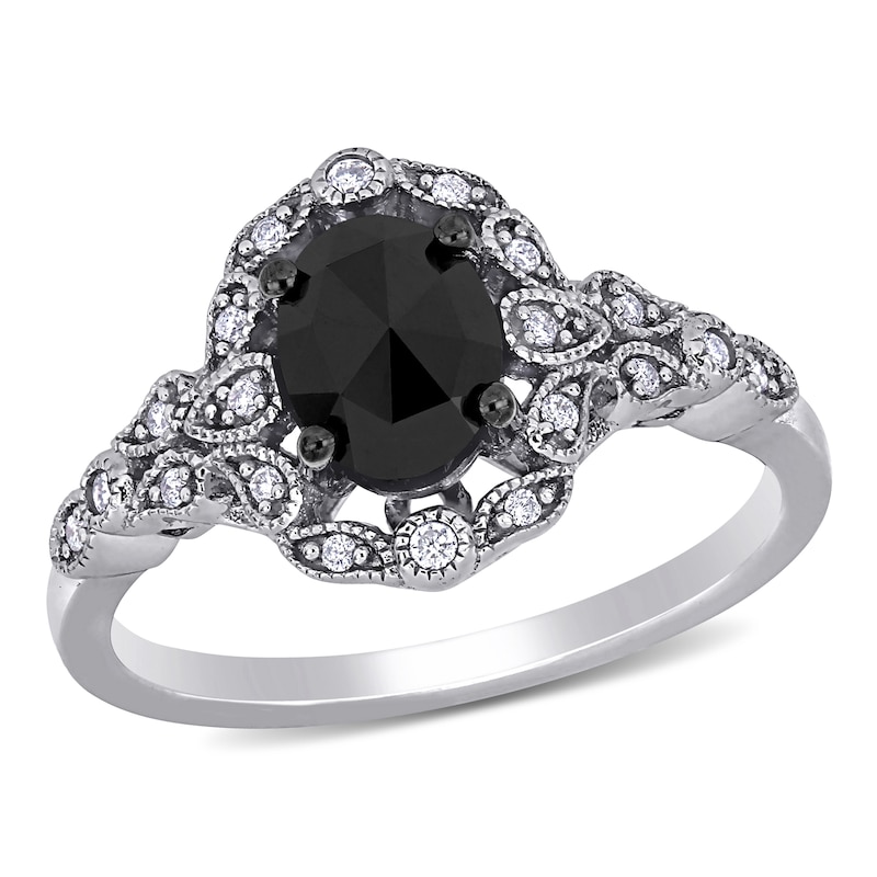 1 CT. T.W. Oval Enhanced Black and White Diamond Frame Vintage-Style Engagement Ring in 14K White Gold
