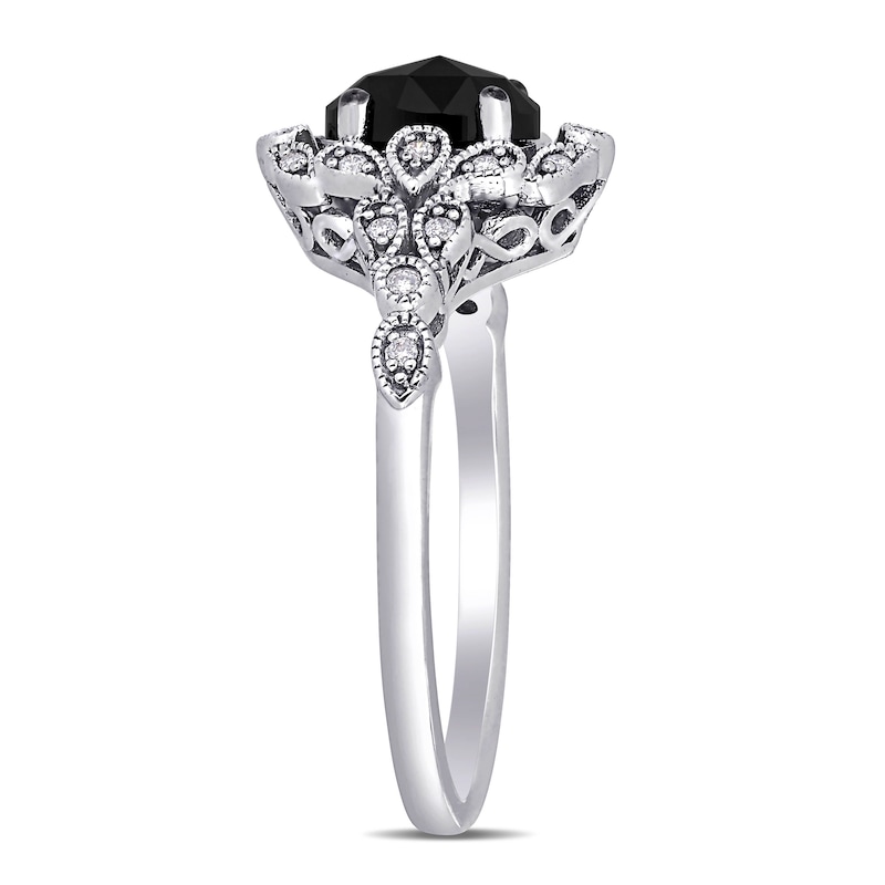 1 CT. T.W. Oval Enhanced Black and White Diamond Frame Vintage-Style Engagement Ring in 14K White Gold