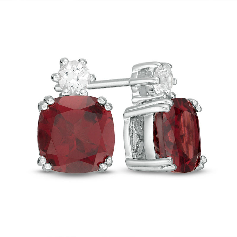 Main Image 1 of 7.0mm Cushion-Cut Garnet and Lab-Created White Sapphire Stud Earrings in Sterling Silver