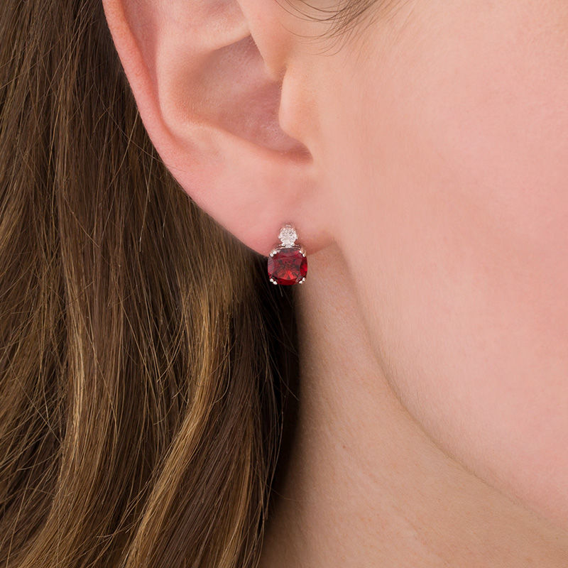 Main Image 2 of 7.0mm Cushion-Cut Garnet and Lab-Created White Sapphire Stud Earrings in Sterling Silver