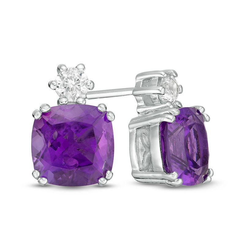 Main Image 1 of 7.0mm Cushion-Cut Amethyst and Lab-Created White Sapphire Stud Earrings in Sterling Silver