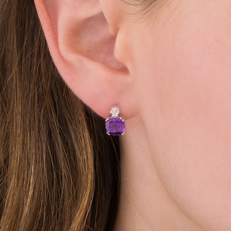 Main Image 2 of 7.0mm Cushion-Cut Amethyst and Lab-Created White Sapphire Stud Earrings in Sterling Silver