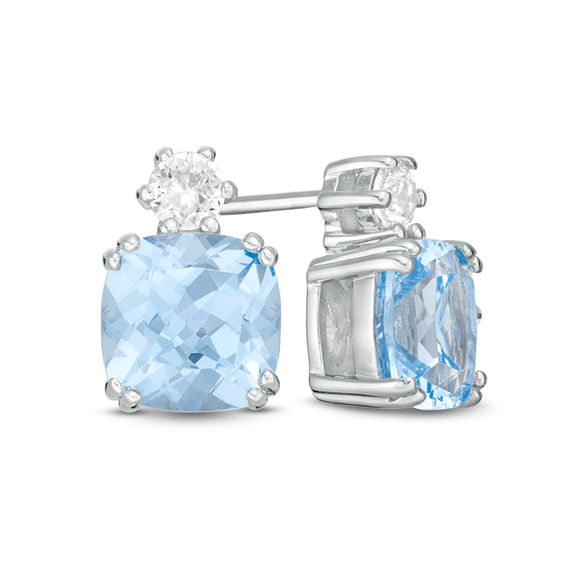 7.0mm Cushion-Cut Lab-Created Blue Spinel and White Sapphire Stud Earrings in Sterling Silver