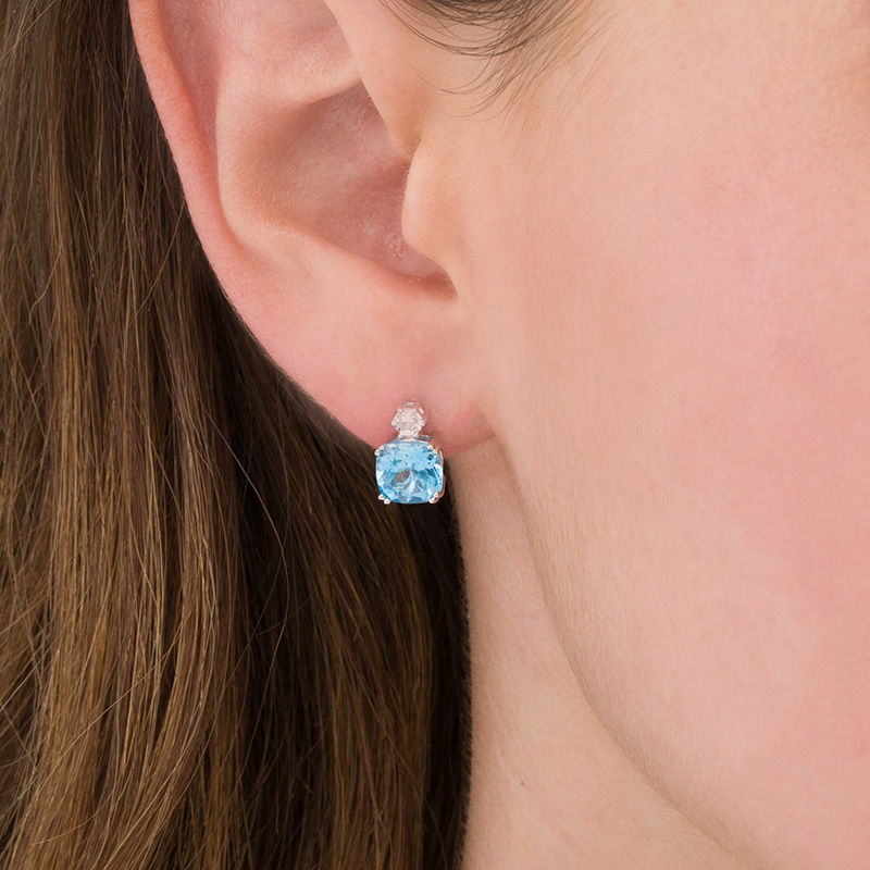 Main Image 2 of 7.0mm Cushion-Cut Lab-Created Blue Spinel and White Sapphire Stud Earrings in Sterling Silver