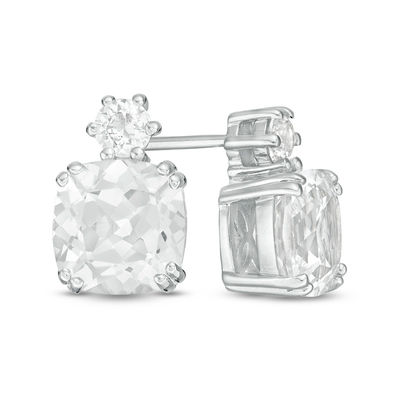 7.0mm Cushion-Cut and Round Lab-Created White Sapphire Stud Earrings in  Sterling Silver