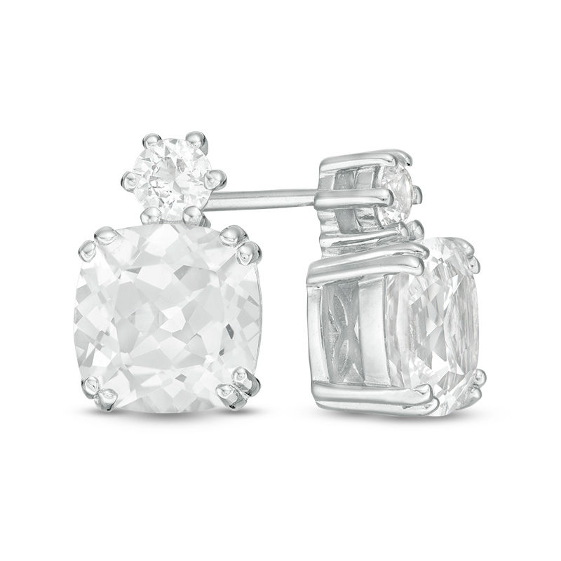 Main Image 1 of 7.0mm Cushion-Cut and Round Lab-Created White Sapphire Stud Earrings in Sterling Silver