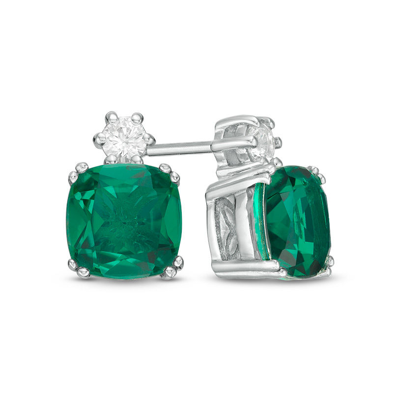 Main Image 1 of 7.0mm Cushion-Cut Green Quartz Doublet and Lab-Created White Sapphire Stud Earrings in Sterling Silver