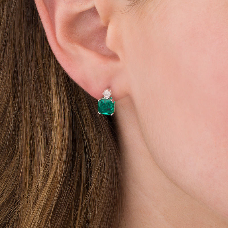 7.0mm Cushion-Cut Green Quartz Doublet and Lab-Created White Sapphire Stud Earrings in Sterling Silver