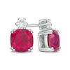 Thumbnail Image 0 of 7.0mm Cushion-Cut Lab-Created Ruby and White Sapphire Stud Earrings in Sterling Silver