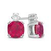 Thumbnail Image 1 of 7.0mm Cushion-Cut Lab-Created Ruby and White Sapphire Stud Earrings in Sterling Silver