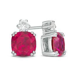 7.0mm Cushion-Cut Lab-Created Ruby and White Sapphire Stud Earrings in Sterling Silver