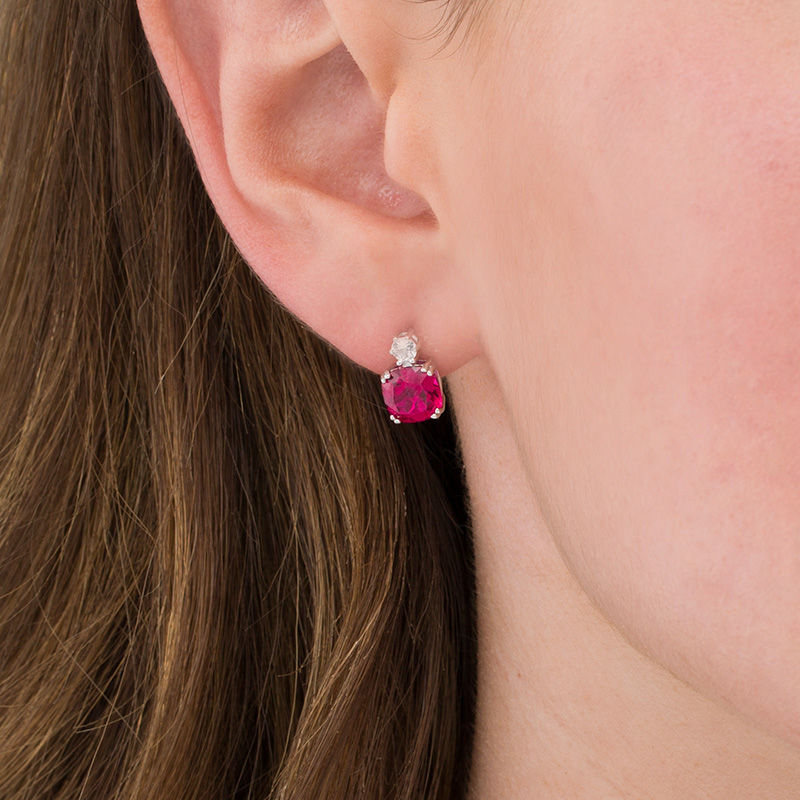 Main Image 2 of 7.0mm Cushion-Cut Lab-Created Ruby and White Sapphire Stud Earrings in Sterling Silver