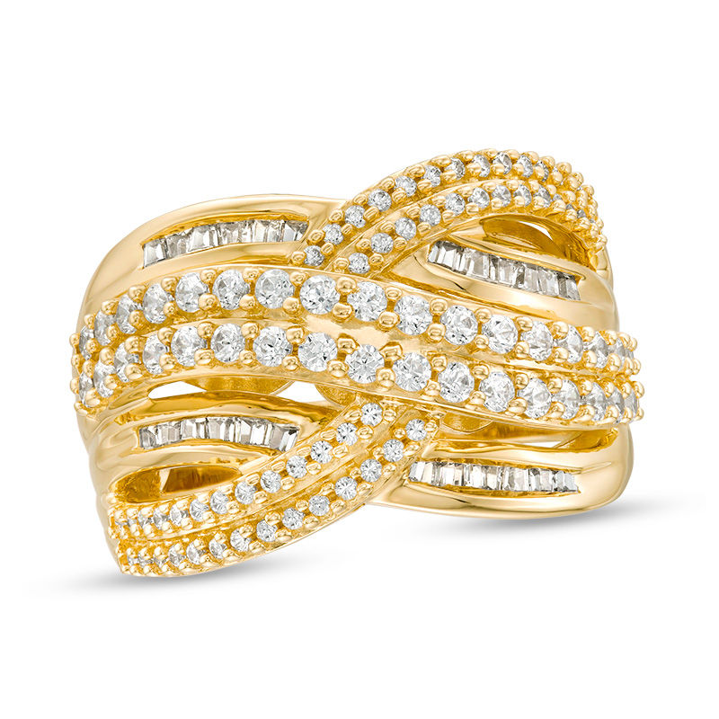 Main Image 4 of 1 CT. T.W. Baguette and Round Diamond Multi-Row Intertwined Ring in 10K Gold