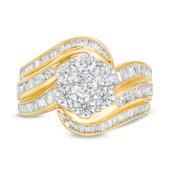 2 CT. T.w. Composite Diamond Flower Multi-Row Bypass Ring in 10K Gold
