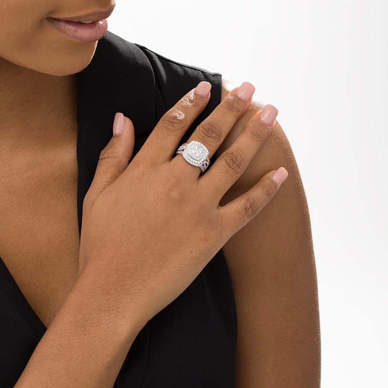 Main Image 2 of 1-1/2 CT. T.W. Cushion Multi-Diamond Double Frame Split Shank Ring in 10K White Gold
